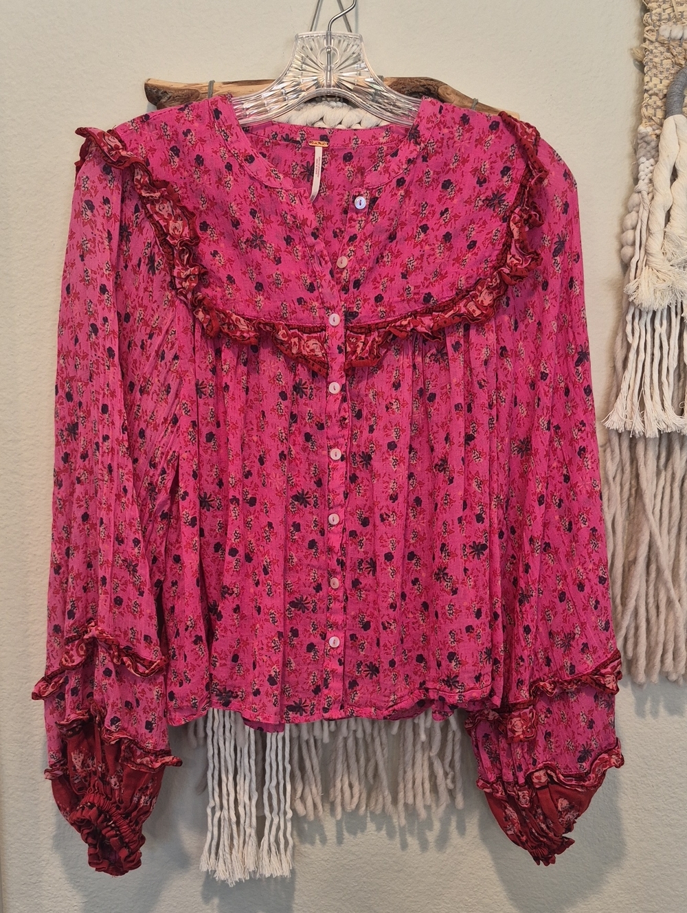 Free People Pink & Red Ruffle Detail Floral Long Sleeve Bohemian Top, XS - Picture 2 of 10